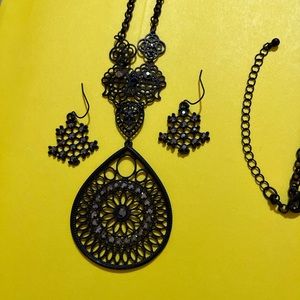 Long Black Necklace and Earring Set